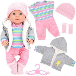 5 Pieces Baby Doll Clothes & Accessories with Outfit, Hat, Coat, Socks, Hanger for 14-16 inch Baby Doll and 18 Inch Girl Doll(Doll NOT Include)