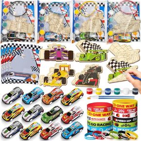 Race Car Party Favors for Kid, Racecar Wodden Painting Crafts Kit Mini Pull Back Cars Silicone Bracelets Boy Birthday Goodie Bag Stuffer Filler Class Prize Racing Birthday Party Supplies Decor