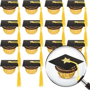 60 Sets Graduation Cap Chocolate Decoration Congrats Grad Cupcake Topper Mini Black Grad Hat with Tassel Star Stickers Glue Points for Graduates Party Supplies