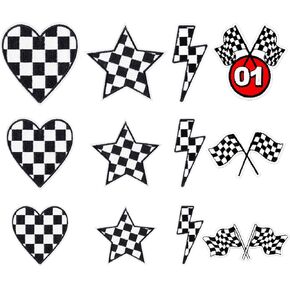 12Pcs Black and White Checkered Iron on Patches Classic Racing Heart Star Checkered Flag Lightning Bolt Sew on Repair Embroidered Applique DIY Crafts Accessories Gifts for Clothing Backpack Hat