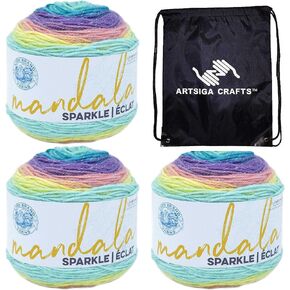 Lion Brand Mandala Sparkle Aquila 527-329 (3-Skeins - Same Dye Lot) DK Light Worsted #3 Acrylic Yarn for Crocheting and Knitting with Project Bag