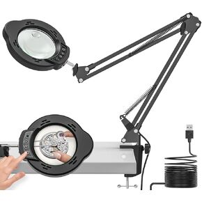 Magnifying Glass with Light, 15X 10X Magnifying Lamp with Clamp, 84 LED Magnifier, 5 Color Modes, 10 Brightness Levels, Adjustable Arm Hands Free Desk Lamp for Crafts, Repair, Workbench