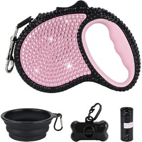 eing Bling Crystal Retractable Dog Leash Lightweight 10FT Leash, with Folding Bowl,Dispenser,Waste Bags, for Small Medium Dogs, Black+Pink