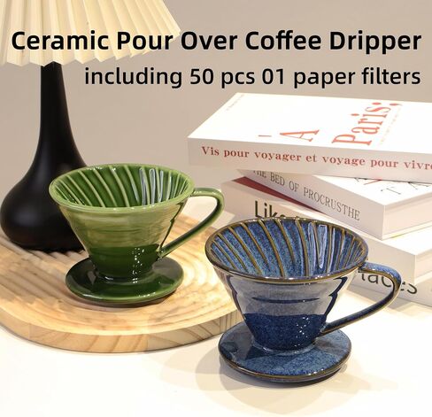 Ceramic Coffee Dripper includes 50 Filters Pour Over Coffee Maker Porcelain 01 Hand Drew Brewing Pottery Green Portable Artisanal Manual Gift for 1-2 People Home, Office, School, Camping in Saudi Arabia