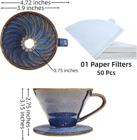 Ceramic Coffee Dripper includes 50 Filters Pour Over Coffee Maker Porcelain 01 Hand Drew Brewing Pottery Green Portable Artisanal Manual Gift for 1-2 People Home, Office, School, Camping in Saudi Arabia