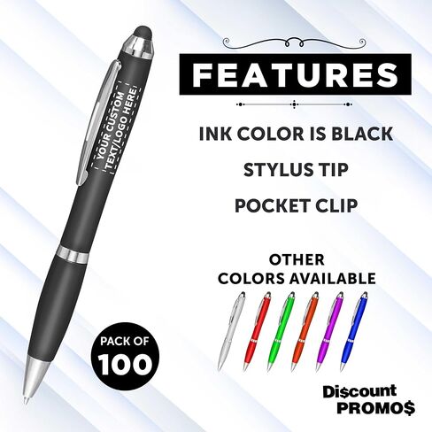DISCOUNT PROMOS Custom Plastic Stylus Pens Set of 100, Personalized Bulk Pack - Black Ink, Great for Office, School, Business, Tradeshows, Events - Black in Saudi Arabia