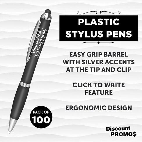 DISCOUNT PROMOS Custom Plastic Stylus Pens Set of 100, Personalized Bulk Pack - Black Ink, Great for Office, School, Business, Tradeshows, Events - Black in Saudi Arabia