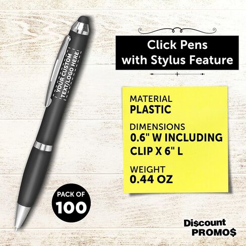 DISCOUNT PROMOS Custom Plastic Stylus Pens Set of 100, Personalized Bulk Pack - Black Ink, Great for Office, School, Business, Tradeshows, Events - Black in Saudi Arabia