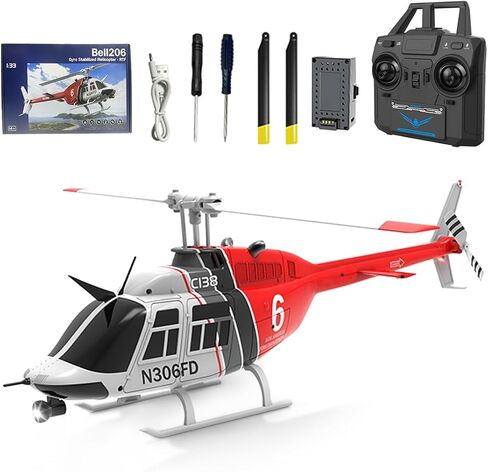 C138 RC Helicopter للبالغين ، RC ERA C138 1/30 Scale Bell 206 2.4g 6ch No Aileron Helicopter مع تعليق الارتفاع ووضع التدفق البصري (أبيض أسود/بطارية) in Kuwait
