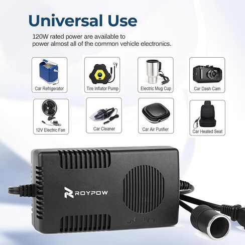محول تيار متردد إلى تيار مستمر، RoyPow 180 وات (بحد أقصى 200 وات) 15 أمبير 100 فولت ~ 120 فولت إلى 12 فولت مقبس ولاعة سجائر السيارة تيار متردد/تيار مستمر محول إمداد الطاقة للنافخ، ثلاجة السيارة in Kuwait