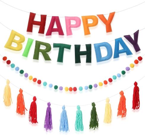 Pre-Strung Happy Birthday Banner Rainbow Decorations Felt Ball Garland Happy Birthday Sign for Party Decorations Unicorn Party Decor (Rainbow) in Kuwait