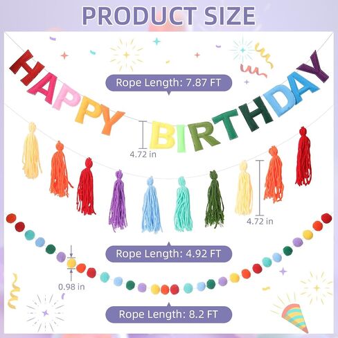 Pre-Strung Happy Birthday Banner Rainbow Decorations Felt Ball Garland Happy Birthday Sign for Party Decorations Unicorn Party Decor (Rainbow) in Kuwait