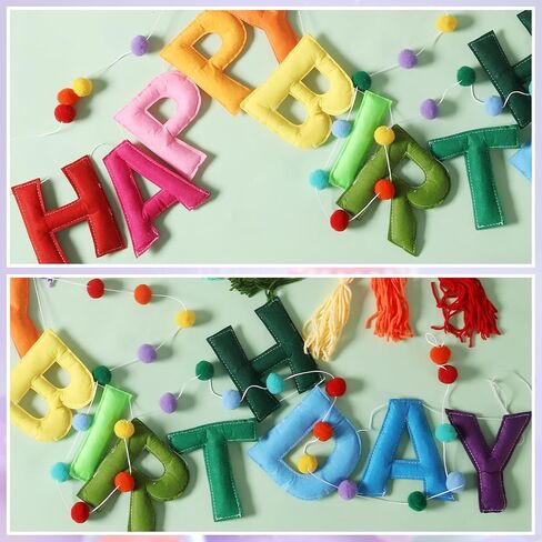 Pre-Strung Happy Birthday Banner Rainbow Decorations Felt Ball Garland Happy Birthday Sign for Party Decorations Unicorn Party Decor (Rainbow) in Kuwait