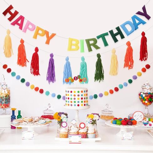 Pre-Strung Happy Birthday Banner Rainbow Decorations Felt Ball Garland Happy Birthday Sign for Party Decorations Unicorn Party Decor (Rainbow) in Kuwait
