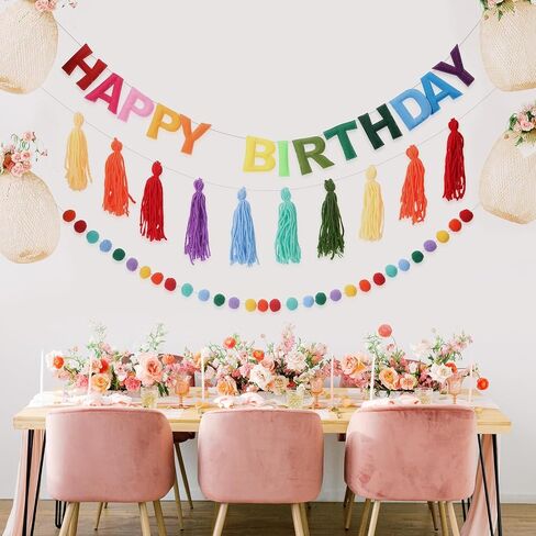 Pre-Strung Happy Birthday Banner Rainbow Decorations Felt Ball Garland Happy Birthday Sign for Party Decorations Unicorn Party Decor (Rainbow) in Kuwait