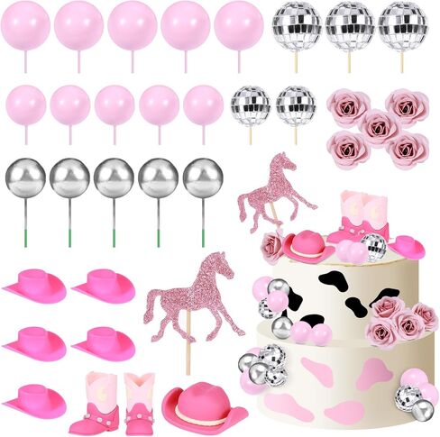 33 PCS Cowgirl Cake Topper Cow Cake Decorations with Cowgirl Hat and Boot, Pink Rose, Disco Ball and Pink Signboard for Baby Shower Birthday Party Bachelor Party Western Theme Party Favors Supplies in Saudi Arabia