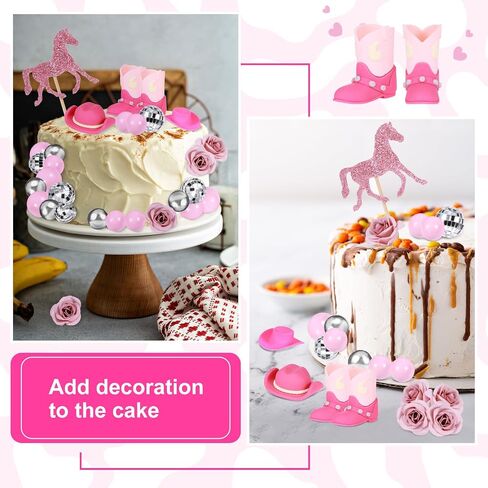 33 PCS Cowgirl Cake Topper Cow Cake Decorations with Cowgirl Hat and Boot, Pink Rose, Disco Ball and Pink Signboard for Baby Shower Birthday Party Bachelor Party Western Theme Party Favors Supplies in Saudi Arabia