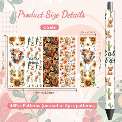 Peaceblue UV DTF Pen Wraps Transfer Sticker Decal Highland Cattle - 48pcs HD HD PRINT UV DTF PEN DEN لاصق لصالح DIY Pencil Pen Decorative Gifts تعطي in Saudi Arabia