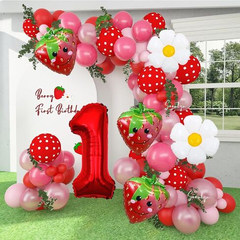 Soonlyn Berry First Birthday Decor 12Ft Strawberry Balloon Arch Kit with Strawberry Balloons Garland Foil First Daisy Dalloons for First Birthday Sweet Baby Shower, Red in Kuwait