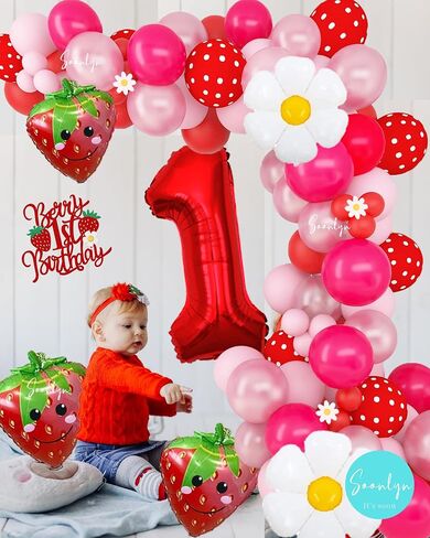 Soonlyn Berry First Birthday Decor 12Ft Strawberry Balloon Arch Kit with Strawberry Balloons Garland Foil First Daisy Dalloons for First Birthday Sweet Baby Shower, Red in Kuwait