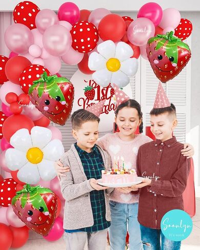 Soonlyn Berry First Birthday Decor 12Ft Strawberry Balloon Arch Kit with Strawberry Balloons Garland Foil First Daisy Dalloons for First Birthday Sweet Baby Shower, Red in Kuwait