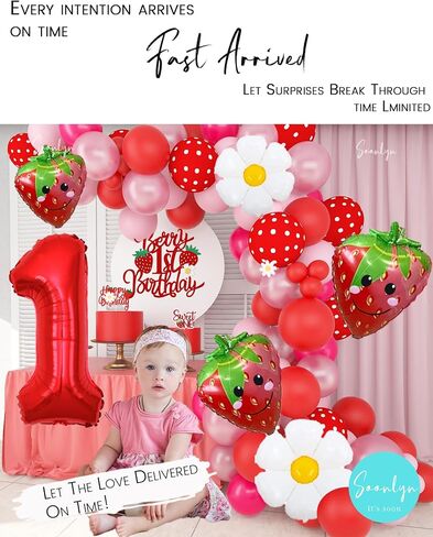 Soonlyn Berry First Birthday Decor 12Ft Strawberry Balloon Arch Kit with Strawberry Balloons Garland Foil First Daisy Dalloons for First Birthday Sweet Baby Shower, Red in Kuwait