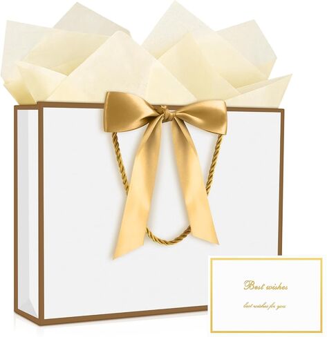YoungTree 1PCS Large Gift Bag with Ribbon and 1 Greeting Card 2 Tissue Papers, Portable Paper Gift Bag with Handles, Birthday Gift Bags,Present Bags for Wedding Party,Mothers Day12.6" x 9.8" x 3.9"(White-Gold) in Saudi Arabia