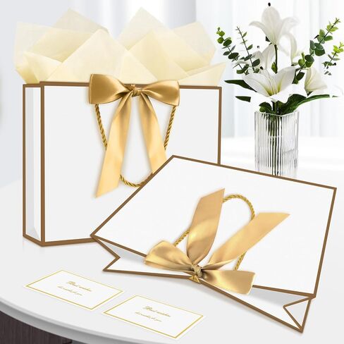 YoungTree 1PCS Large Gift Bag with Ribbon and 1 Greeting Card 2 Tissue Papers, Portable Paper Gift Bag with Handles, Birthday Gift Bags,Present Bags for Wedding Party,Mothers Day12.6" x 9.8" x 3.9"(White-Gold) in Saudi Arabia