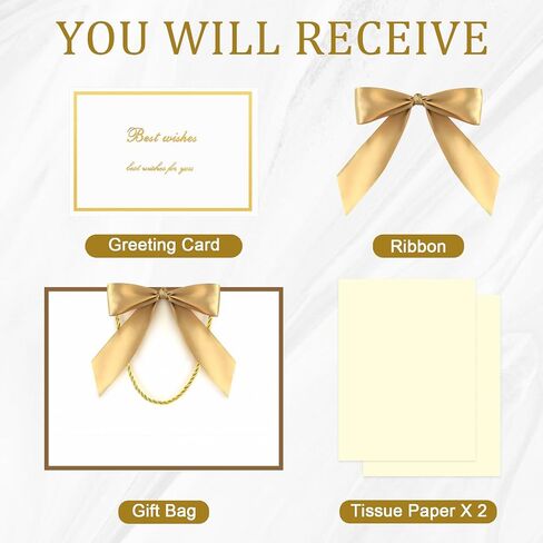 YoungTree 1PCS Large Gift Bag with Ribbon and 1 Greeting Card 2 Tissue Papers, Portable Paper Gift Bag with Handles, Birthday Gift Bags,Present Bags for Wedding Party,Mothers Day12.6" x 9.8" x 3.9"(White-Gold) in Saudi Arabia