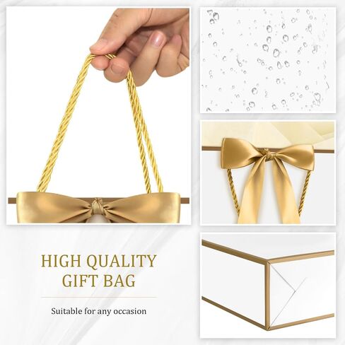 YoungTree 1PCS Large Gift Bag with Ribbon and 1 Greeting Card 2 Tissue Papers, Portable Paper Gift Bag with Handles, Birthday Gift Bags,Present Bags for Wedding Party,Mothers Day12.6" x 9.8" x 3.9"(White-Gold) in Saudi Arabia