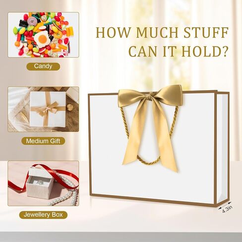 YoungTree 1PCS Large Gift Bag with Ribbon and 1 Greeting Card 2 Tissue Papers, Portable Paper Gift Bag with Handles, Birthday Gift Bags,Present Bags for Wedding Party,Mothers Day12.6" x 9.8" x 3.9"(White-Gold) in Saudi Arabia