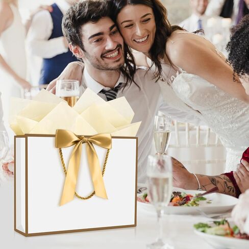 YoungTree 1PCS Large Gift Bag with Ribbon and 1 Greeting Card 2 Tissue Papers, Portable Paper Gift Bag with Handles, Birthday Gift Bags,Present Bags for Wedding Party,Mothers Day12.6" x 9.8" x 3.9"(White-Gold) in Saudi Arabia