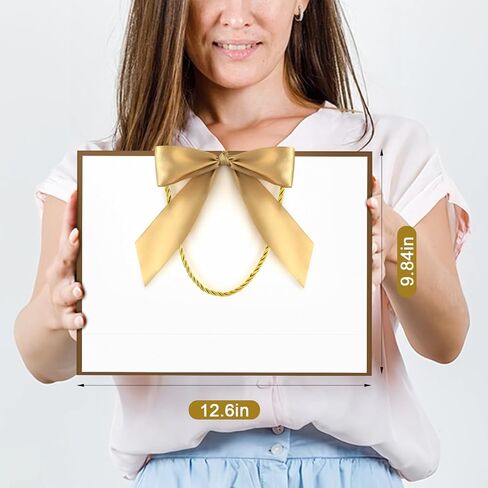 YoungTree 1PCS Large Gift Bag with Ribbon and 1 Greeting Card 2 Tissue Papers, Portable Paper Gift Bag with Handles, Birthday Gift Bags,Present Bags for Wedding Party,Mothers Day12.6" x 9.8" x 3.9"(White-Gold) in Saudi Arabia