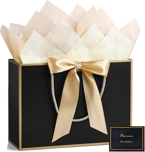 YoungTree 1PCS Large Gift Bag with Ribbon and 1 Greeting Card 2 Tissue Papers, Portable Paper Gift Bag with Handles, Birthday Gift Bags,Present Bags for Wedding Party,Mothers Day12.6" x 9.8" x 3.9"(White-Gold) in Saudi Arabia