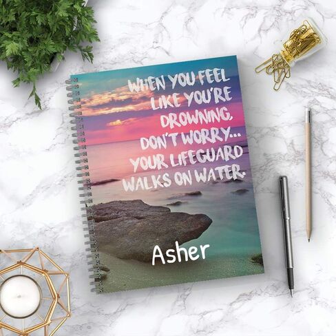 Lifeguard Personalized Religious Notebook/Journal, Laminated Soft Cover, 120 Pages of Your Selected Paper, Lay Flat Wire-o Spiral. Size: 8.5" x 11". Made in The USA in Saudi Arabia