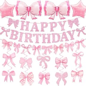 26Pcs Pink Bow Birthday Party Decorations, Bow Birthday Decorations Girl Include Happy Birthday Banner Hanging Swirls Set Balloons for Women Girls Bow Party Decorations, Baby Shower Party Supplies