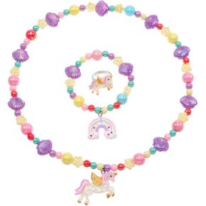 Gilrs Flower Unicorn Stretch Necklace Little Girl Toddler Necklace Bracelet Set, Little Princess Rainbow Mremaid Jewelry Set Kids Play Necklaces Bracelet Rings for Girls Accessories Favors