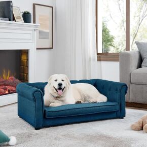 Ball & Cast Dog Couch, Comfortable Dog Sofa Bed with Arc-Shaped Backrest and Armrests for Medium and Large Dogs, Linen Cozy Soft Cushion Pet Bed, Dark Grey