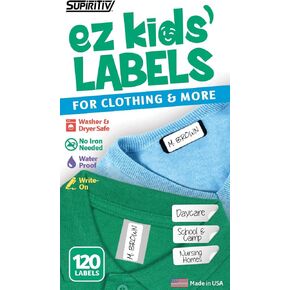 Ez Kids Clothing Labels + Permanent Marker | Self-Stick No-Iron Write-On | Great for Children & Adults | Washer & Dryer Safe | Camp, Nursing Care, Organizing, All Purpose | 1 Sheet 60 Blank Labels