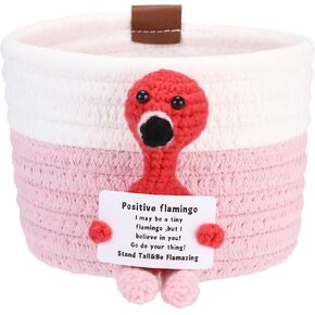 Sea Team Small Cotton Rope Basket with Handmade Positive Flamingo Crochet Doll and Emotional Support Card, Pen Holder, Desk Organizer, Stationery Container, 5.5 x 4 Inches