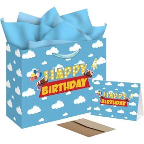 Blue Sky White Clouds Gift Bag - Extra Large Happy Birthday Bags with Card & Tissue Paper - Cheerful Cartoon Story Design for Kids Parties, Baby Showers & Celebrations