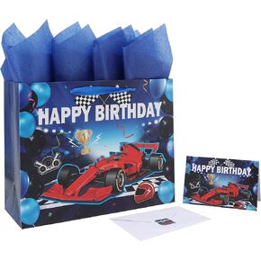 13" Large Blue Birthday Gift Bag Set with Handles, Greeting Card, Tissue Papers and Stickers for Boys Men Kids Teens, Car Design, 1 Pcs