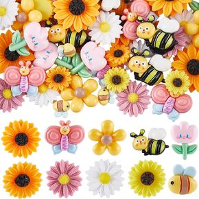 SUNNYCLUE 1 Box 60Pcs 10 Styles Bee Cabochon Butterfly Flatback Resin Charms Spring Cute Shiny Daisy Sunflowers Cabochons for Jewelry Making Scrapbooking Decorations Embellishments DIY Crafting