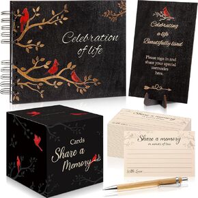 64 Pcs Wood Cardinal Funeral Guest Book Set Celebration of Life for Memorial Service in Loving Memory 60 Share a Memory Card Cards Box Table Sign and Pen for Memorial Service(Wood)