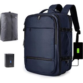 Vacuum Seal Backpack for Travel with Pump, 60L Expandable Backpack with Detachable Vacuum Compression Bag Waterproof Carry On Large Travel Bag for Airline Laptop Backpack with Shoe Compartment Navy