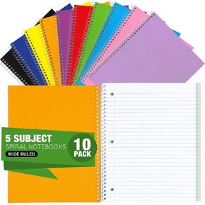 Fulmoon 10 Pcs 5 Subject Notebook Spiral Notebooks for School Office Hardcover Spiral Lined Notebook for Work, 240 Pages/ 120 Sheets, 8 x 10-1/2", 3 Hole Punched, 4 Removable Dividers (9/32 inch)