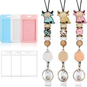 9 in 3 Sets Retractable Lanyards for ID Badges with ID Holder Teacher Lanyard for Women Cute Nurse School Silicone Beaded with Badge Reel