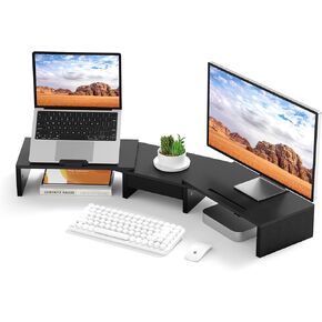 Dual Monitor Stand Riser - Computer Monitor Stand for 2 Monitors，Office Desktop Organizer，Adjustable Length and Angle 3 Shelf with Storage Drawer Phone Holder for Monitors and Laptops-Black