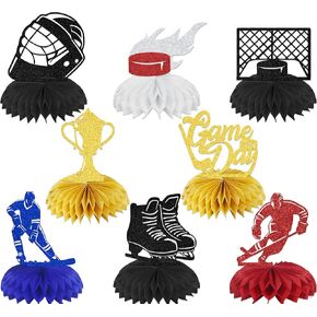 8Pcs Hockey Decorations Ice Hockey Birthday Party Honeycomb Centerpieces Sport Theme Birthday Party Decoration Supplies Hockey Birthday Table Decorations For Kids
