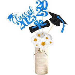 16 PCS 2025 Graduation Centerpieces for Tables Class of 2025 Graduation Centerpieces Sticks Flower Toppers Grad Party Table Decorations, Blue and Black Glitter